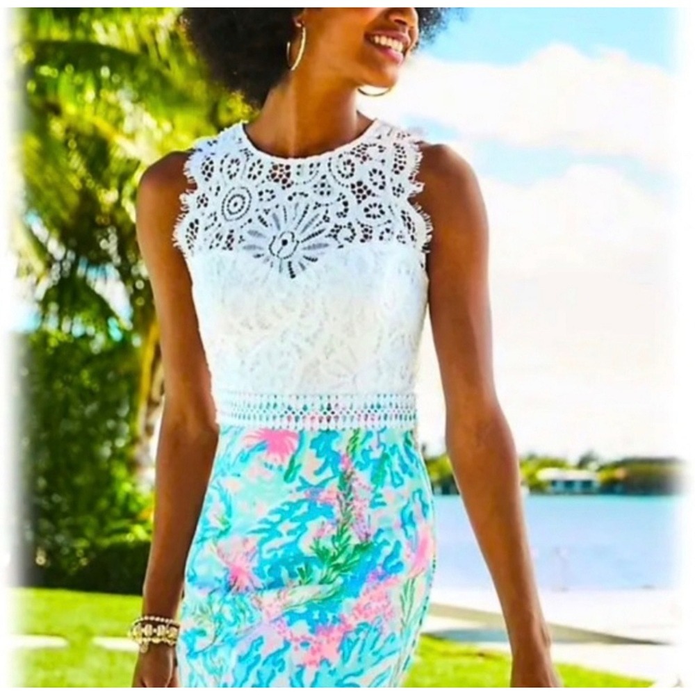 Lilly Pulitzer Lace Bodice Coral Reef Print Sheath Dress Womens 0 Multicolor